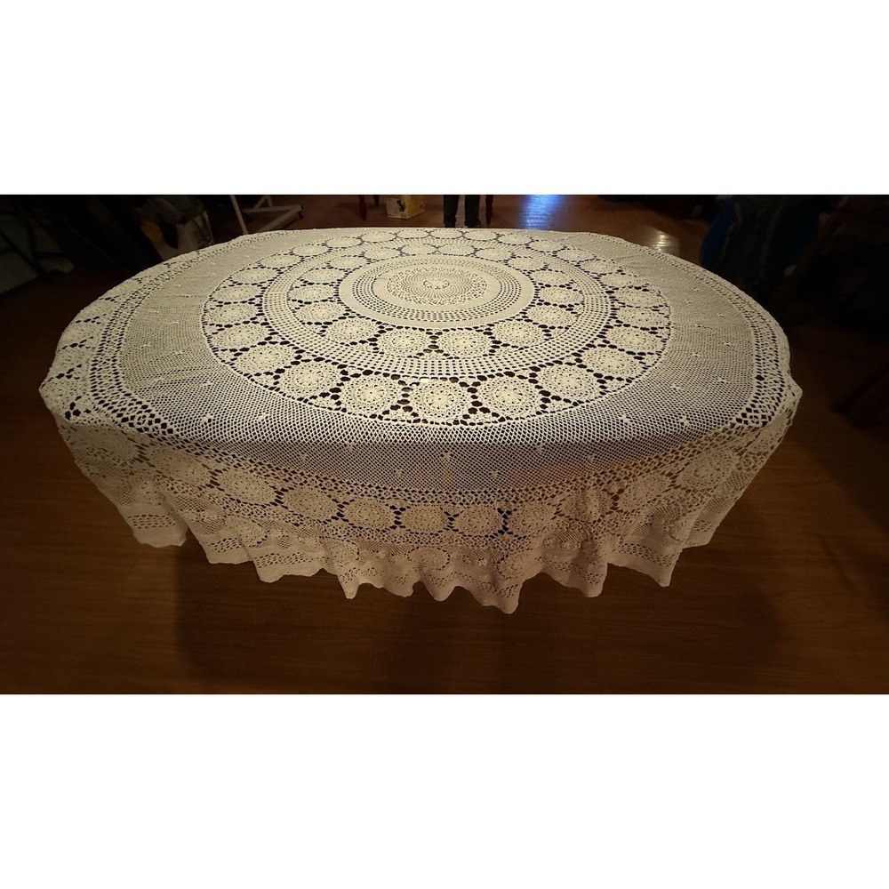 Antique Vintage Crochet Round Tablecloth 72" Hand Crochet White Handmade Scallop